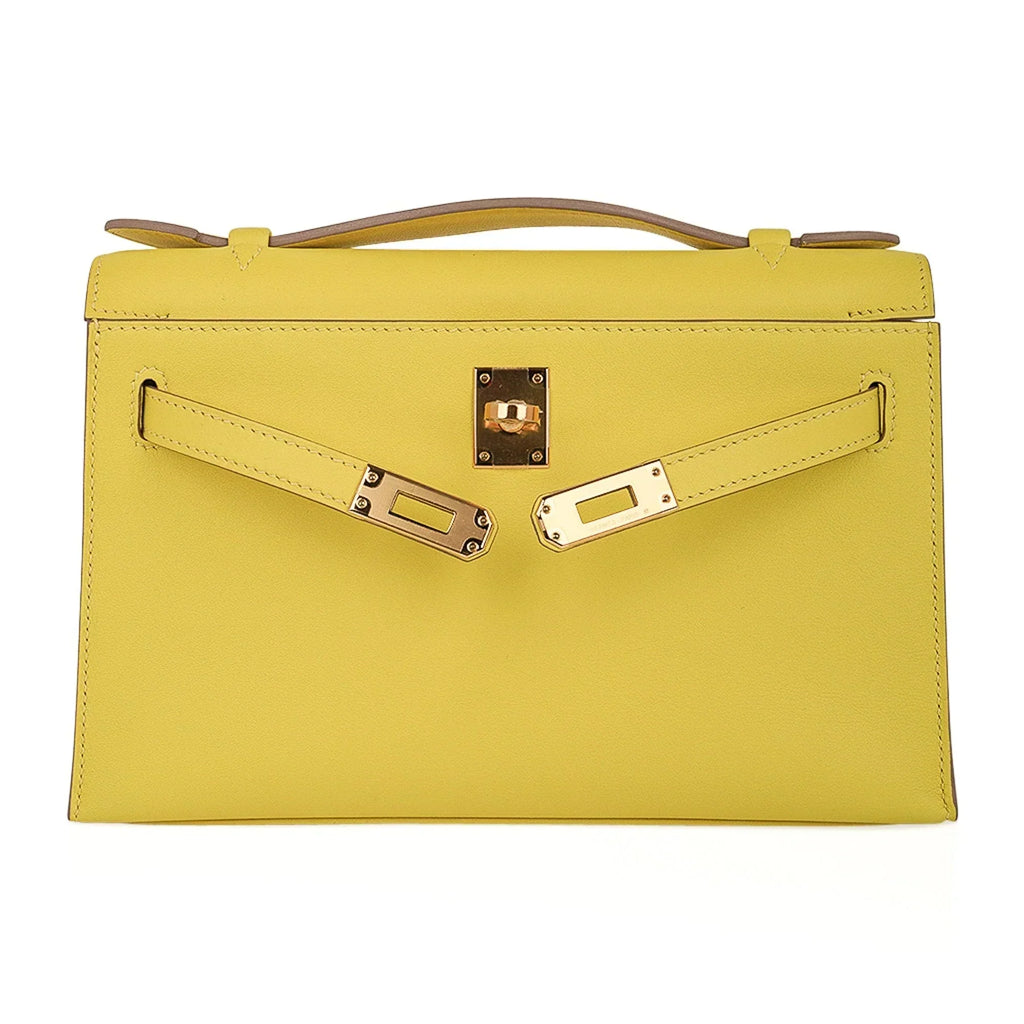 Kelly Pochette Bag Lime Clutch Gold Hardware Swift Leather