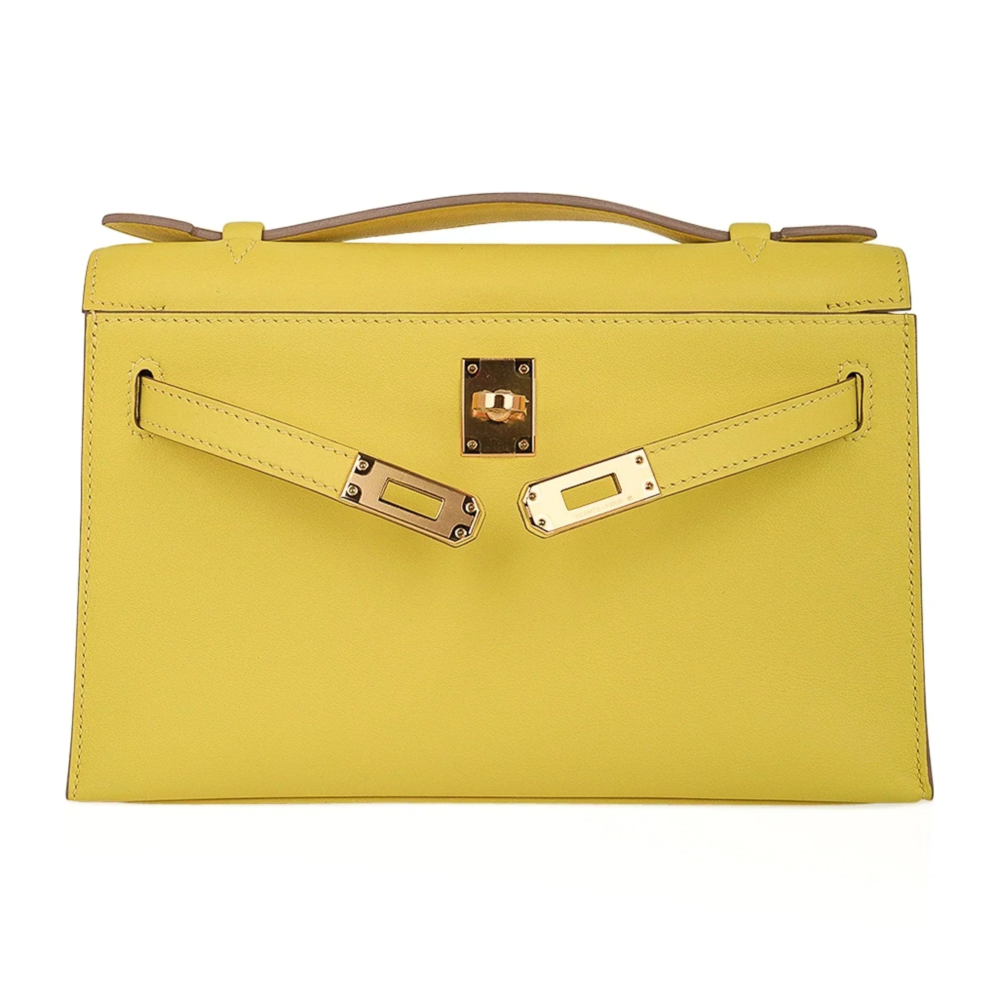 Kelly Pochette Bag Lime Clutch Gold Hardware Swift Leather