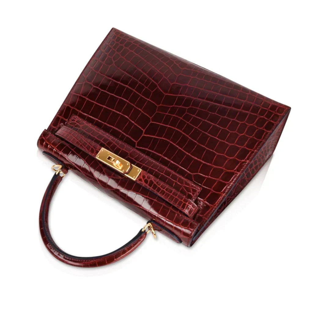 Kelly 28 Bag Sellier Bourgogne Red Navy Contour Crocodile Gold Hardware