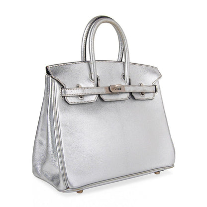 Birkin 25 Bag Metallic Silver Chevre with Brushed Palladium Hardware