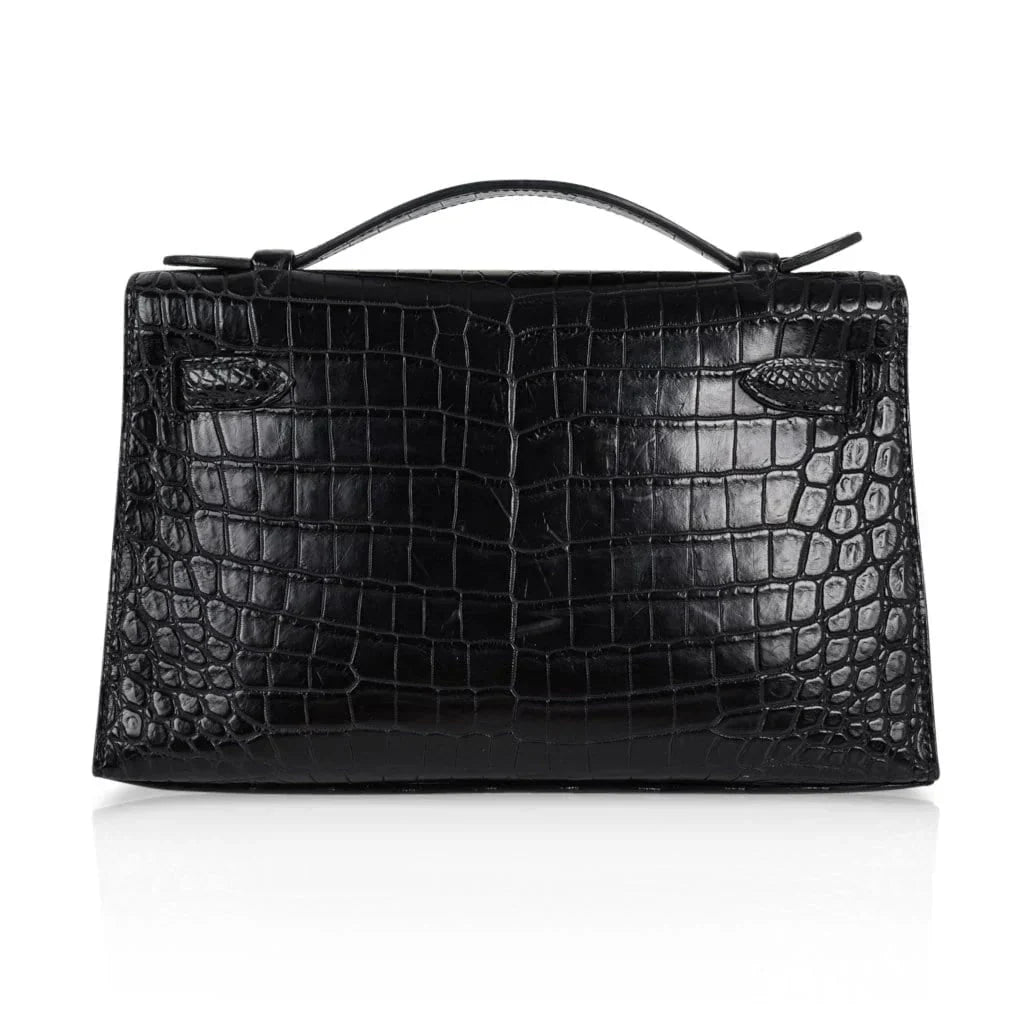 Kelly Pochette Bag Matte Black Crocodile Clutch Palladium