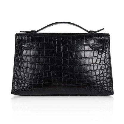 Kelly Pochette Bag Matte Black Crocodile Clutch Palladium