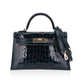 Limited Edition Verso Mini Kelly 20 Sellier Bag Vert Rousseau & Blue Paon Alligator with Permabrass Hardware