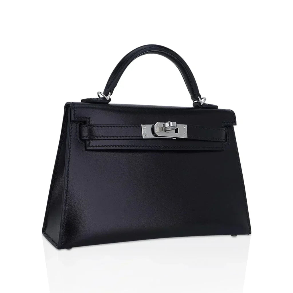Kelly 20 Sellier Black Box Leather Mini Bag Palladium Hardware