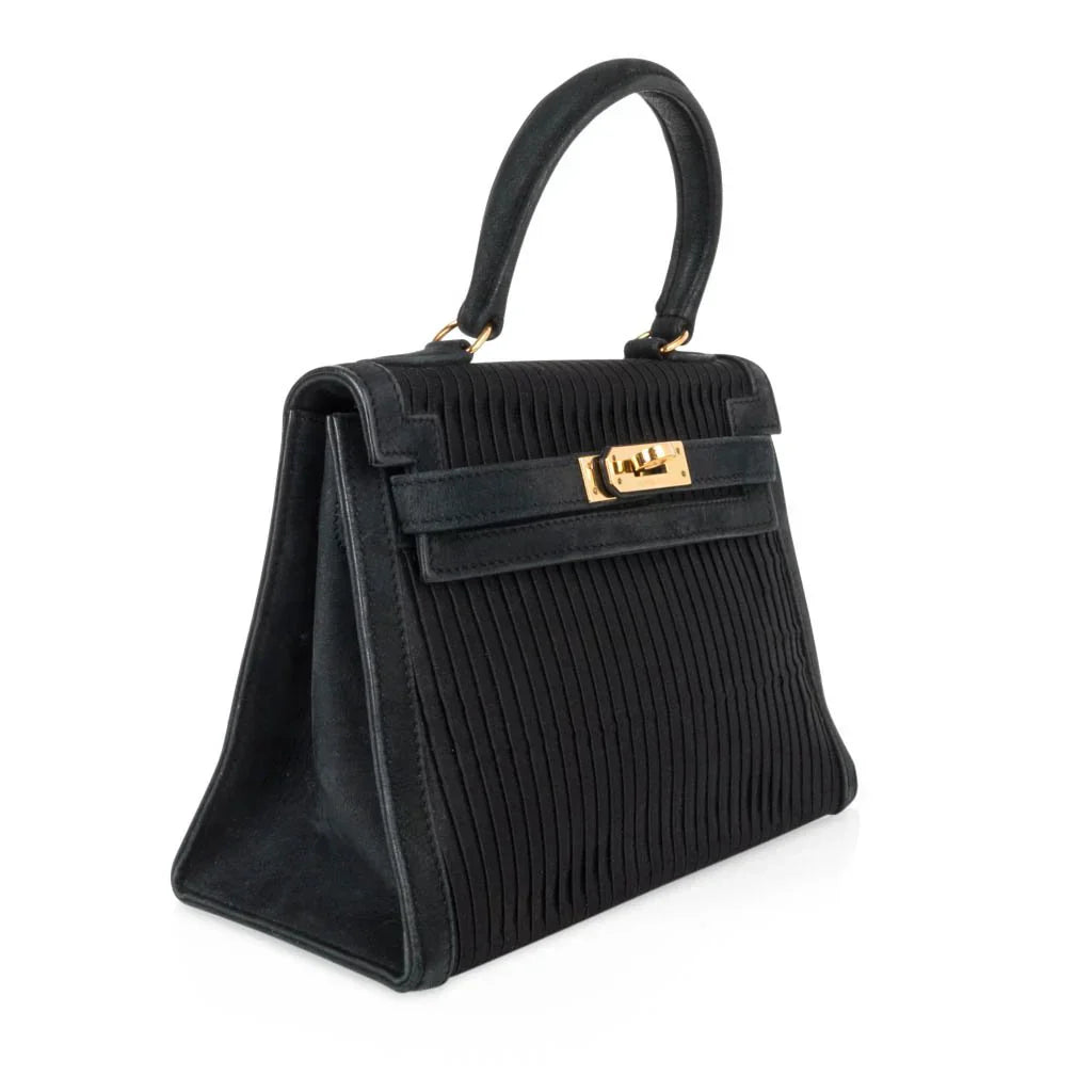 Kelly 20 Mini Vintage Bag Black Pleated Silk Suede Trim Gold Hardware