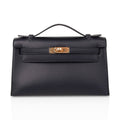 Kelly Pochette Bag Black Swift Leather with Gold Hardware