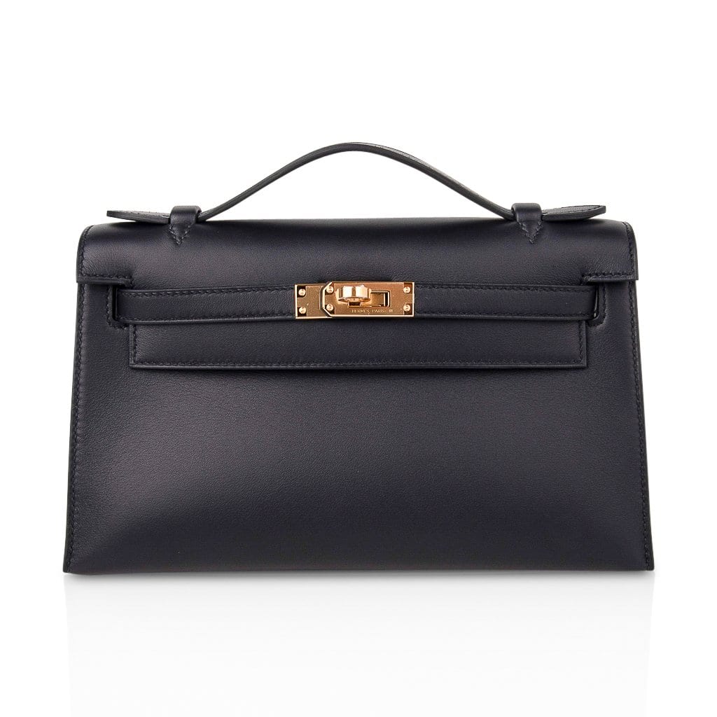 Kelly Pochette Bag Black Swift Leather with Gold Hardware