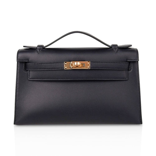 Kelly Pochette Bag Black Swift Leather with Gold Hardware