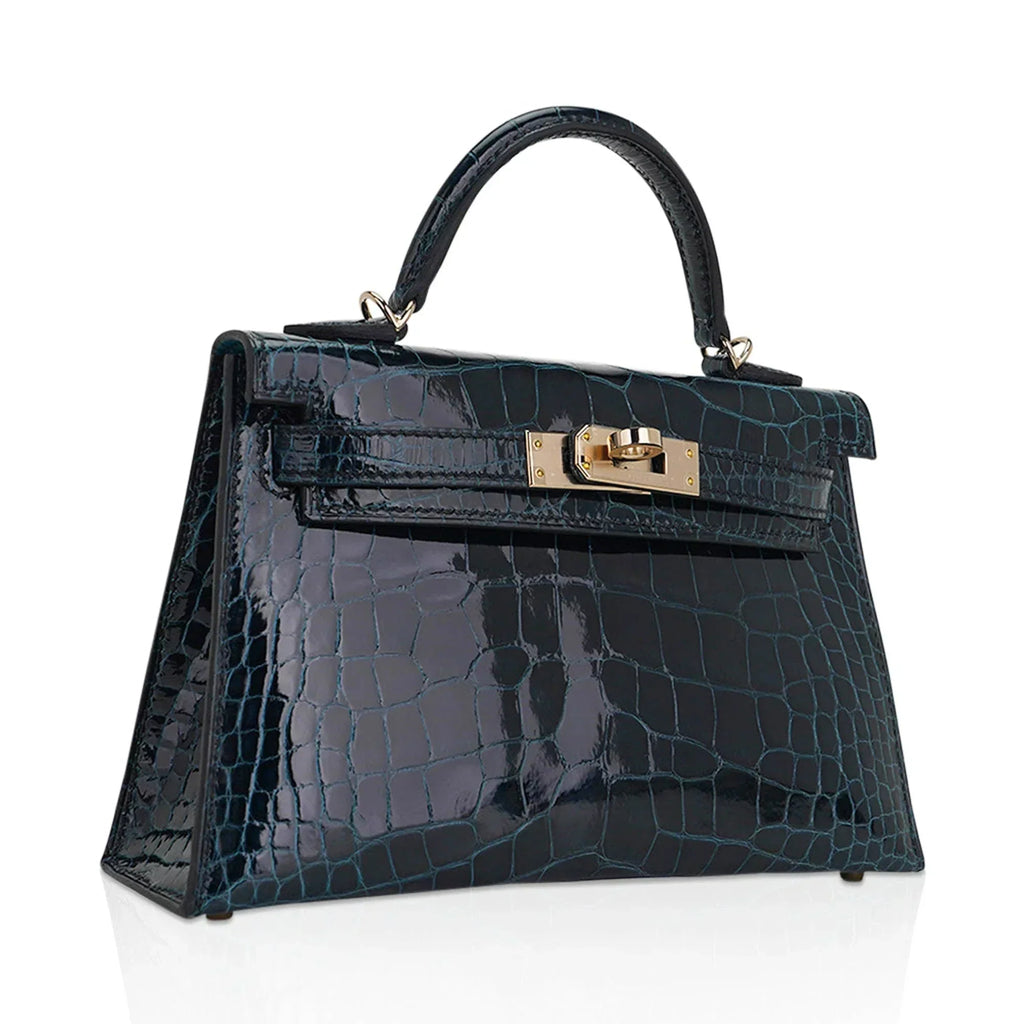 Limited Edition Verso Mini Kelly 20 Sellier Bag Vert Rousseau & Blue Paon Alligator with Permabrass Hardware