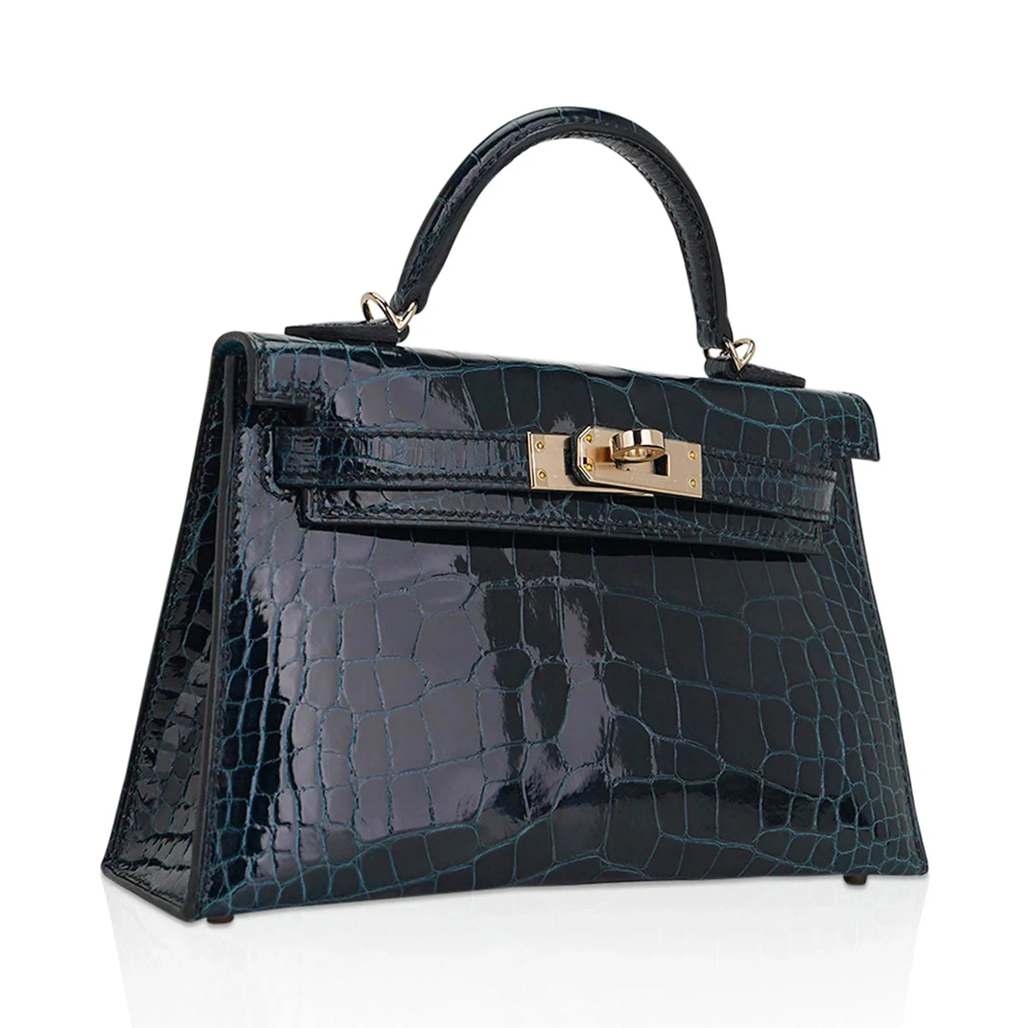 Limited Edition Verso Mini Kelly 20 Sellier Bag Vert Rousseau & Blue Paon Alligator with Permabrass Hardware