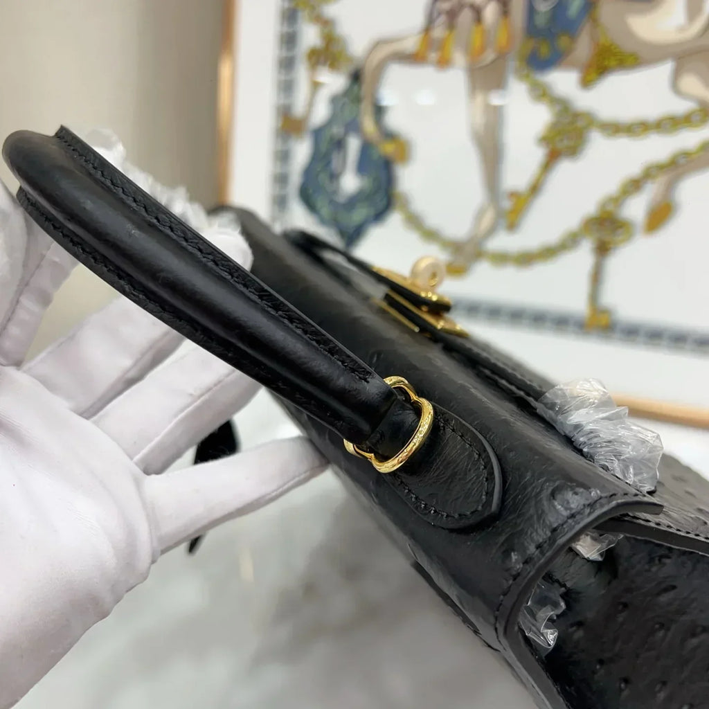Kelly 25 Sellier Black Ostrich Gold Hardware
