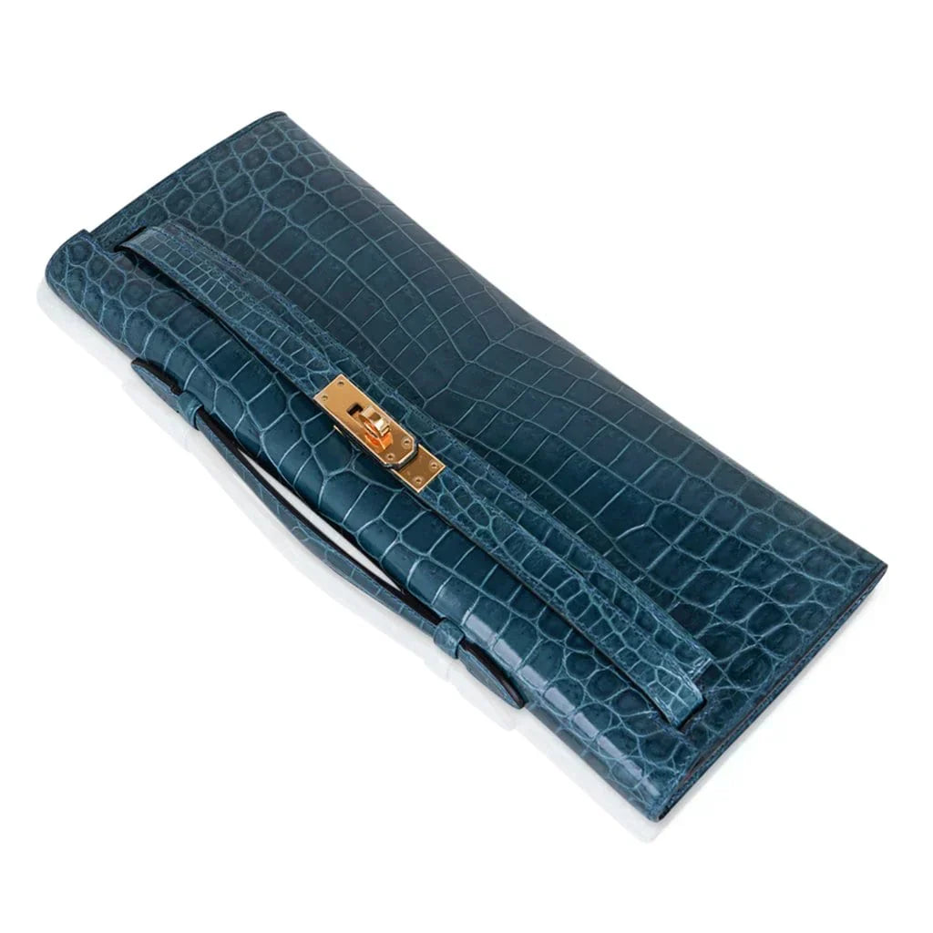 Kelly Cut Bag Blue Colvert Crocodile with Gold Hardware