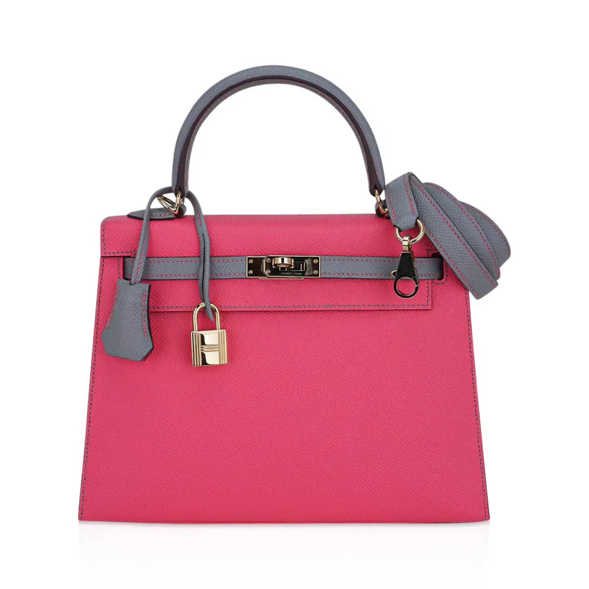 Kelly Sellier 25 HSS Bag Rose Azalee/Gris Mouette Leather Permabrass