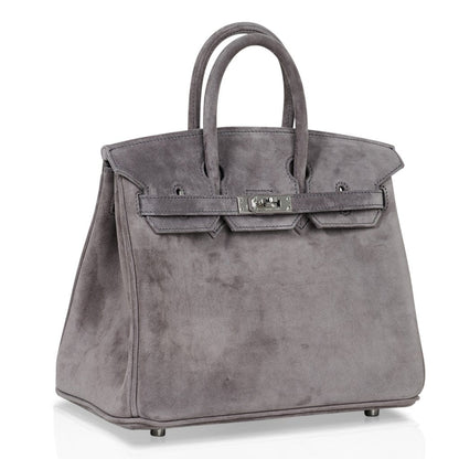 Birkin 25 Bag Gris Fume Doblis Suede with Palladium Hardware