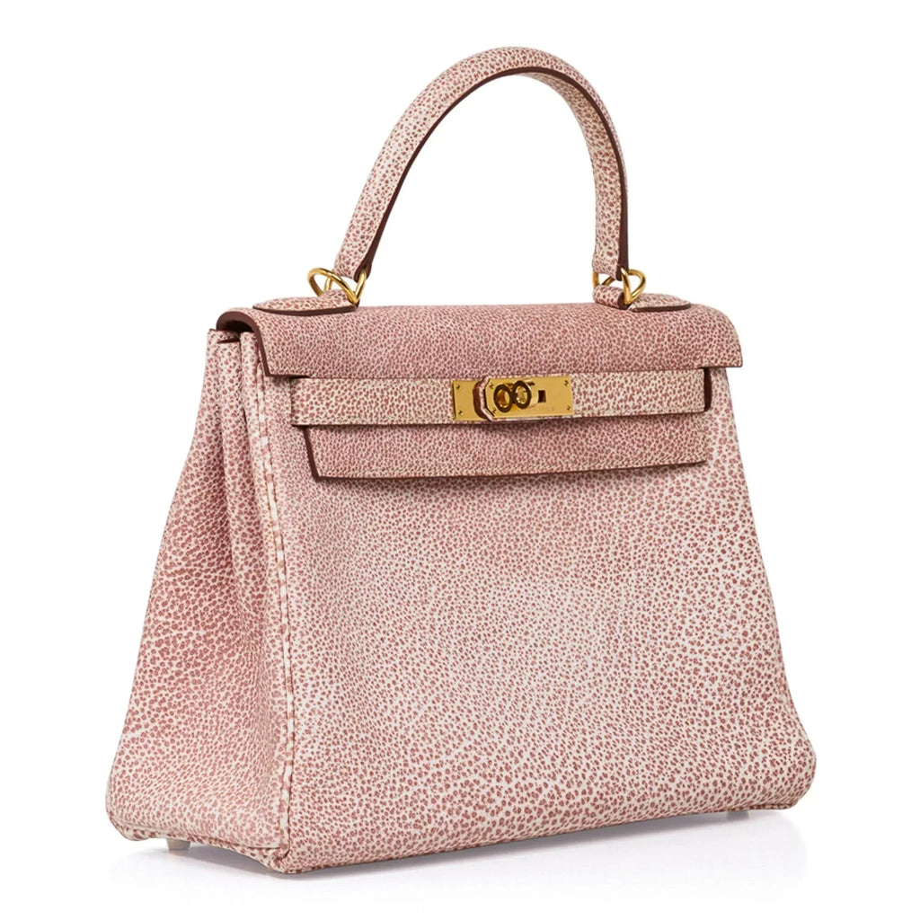 Kelly 28 Pink Dalmation Buffalo Skipper Leather Bag Gold Hardware