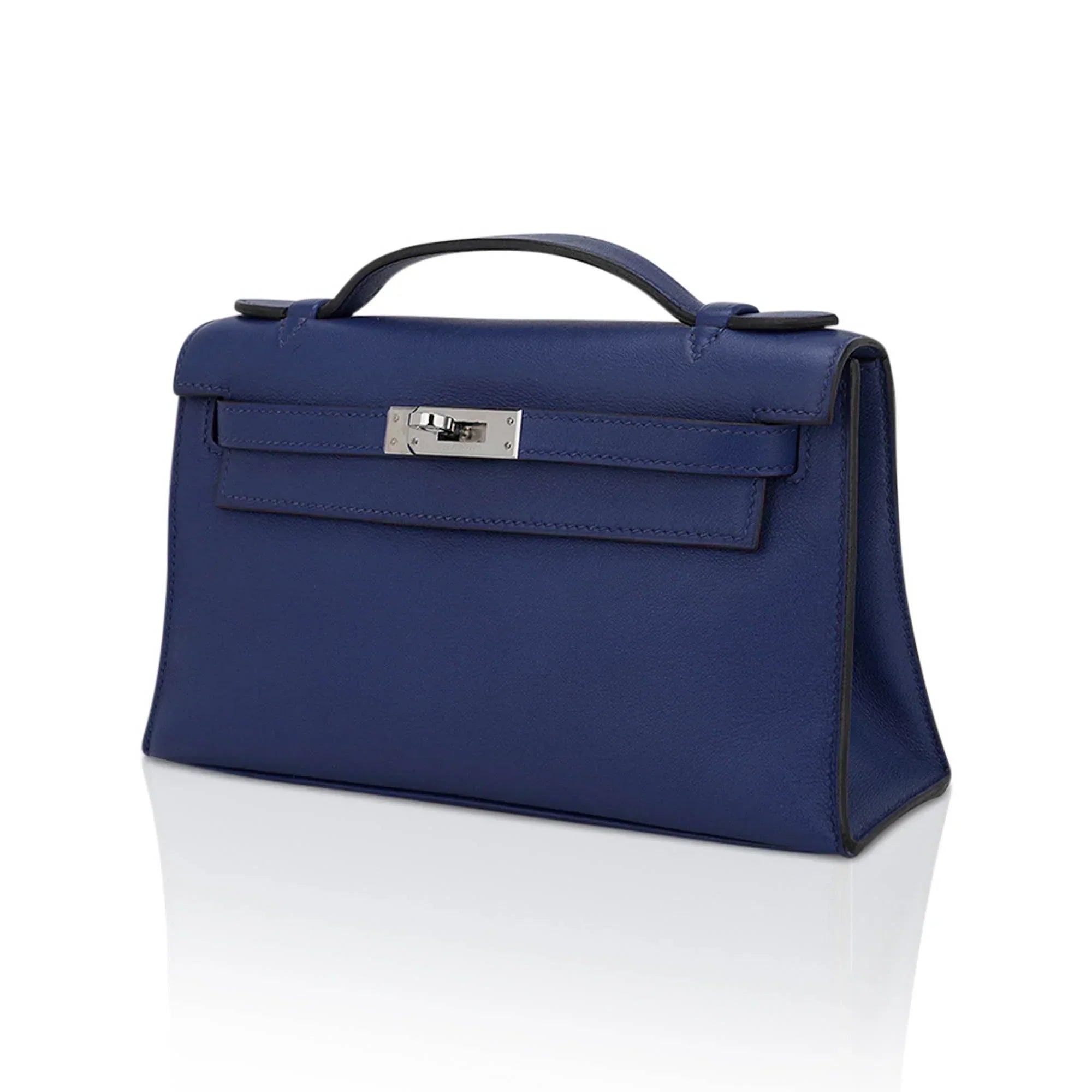 Kelly Pochette Clutch Bag Blue Sapphire Swift Leather with Palladium Hardware