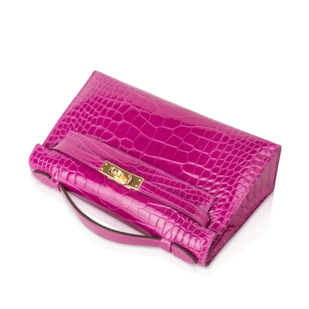 Kelly Pochette Clutch Bag Rose Scheherazade Pink Alligator Gold Hardware