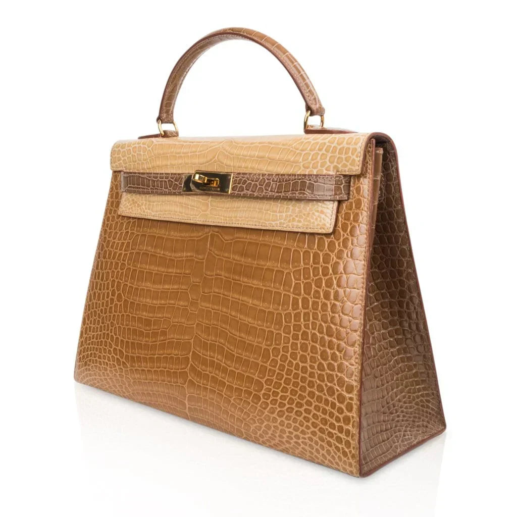 Limited Edition Tri-Color Kelly Sellier 32 Bag Poussiere Poudre Ficelle Porosus Crocodile