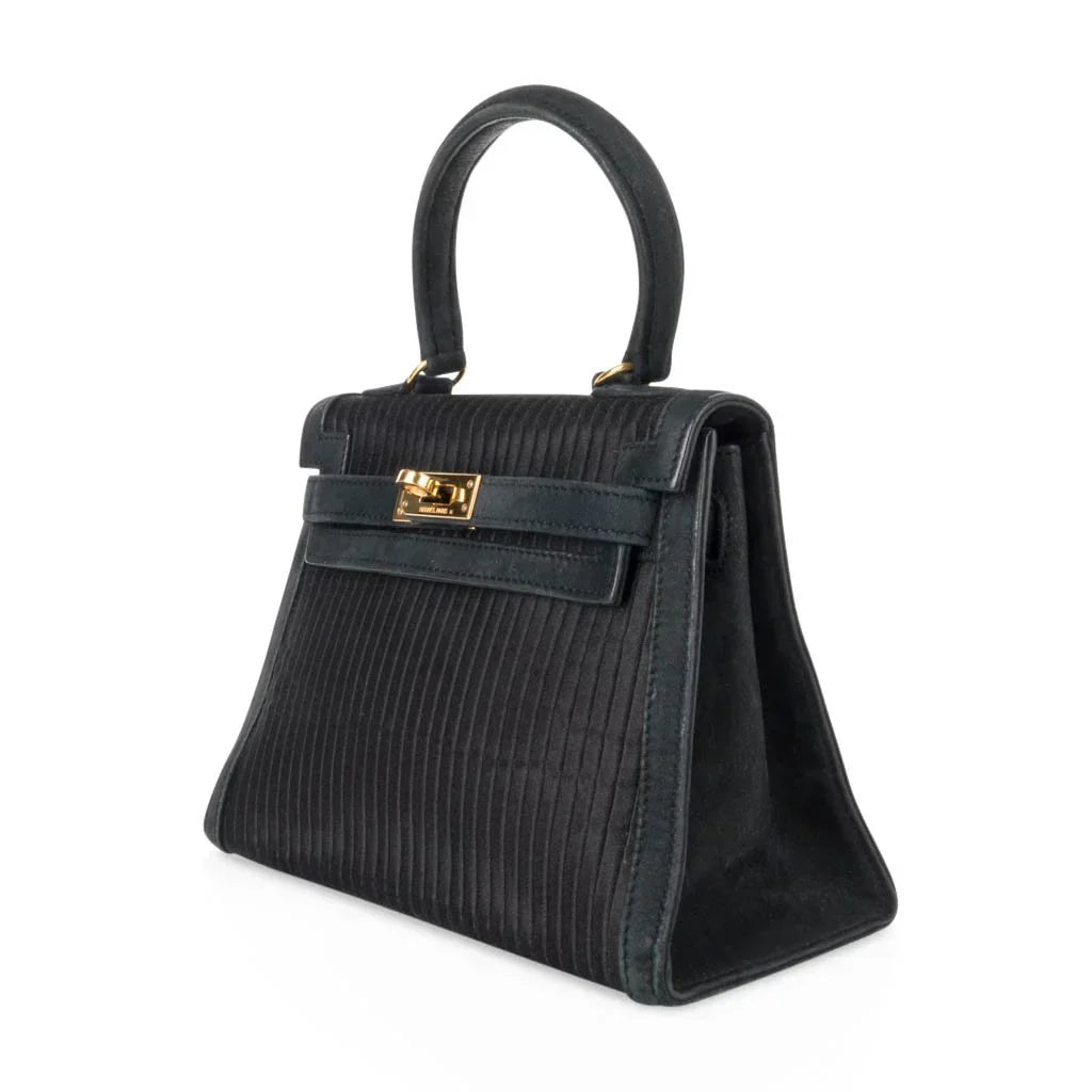 Kelly 20 Mini Vintage Bag Black Pleated Silk Suede Trim Gold Hardware