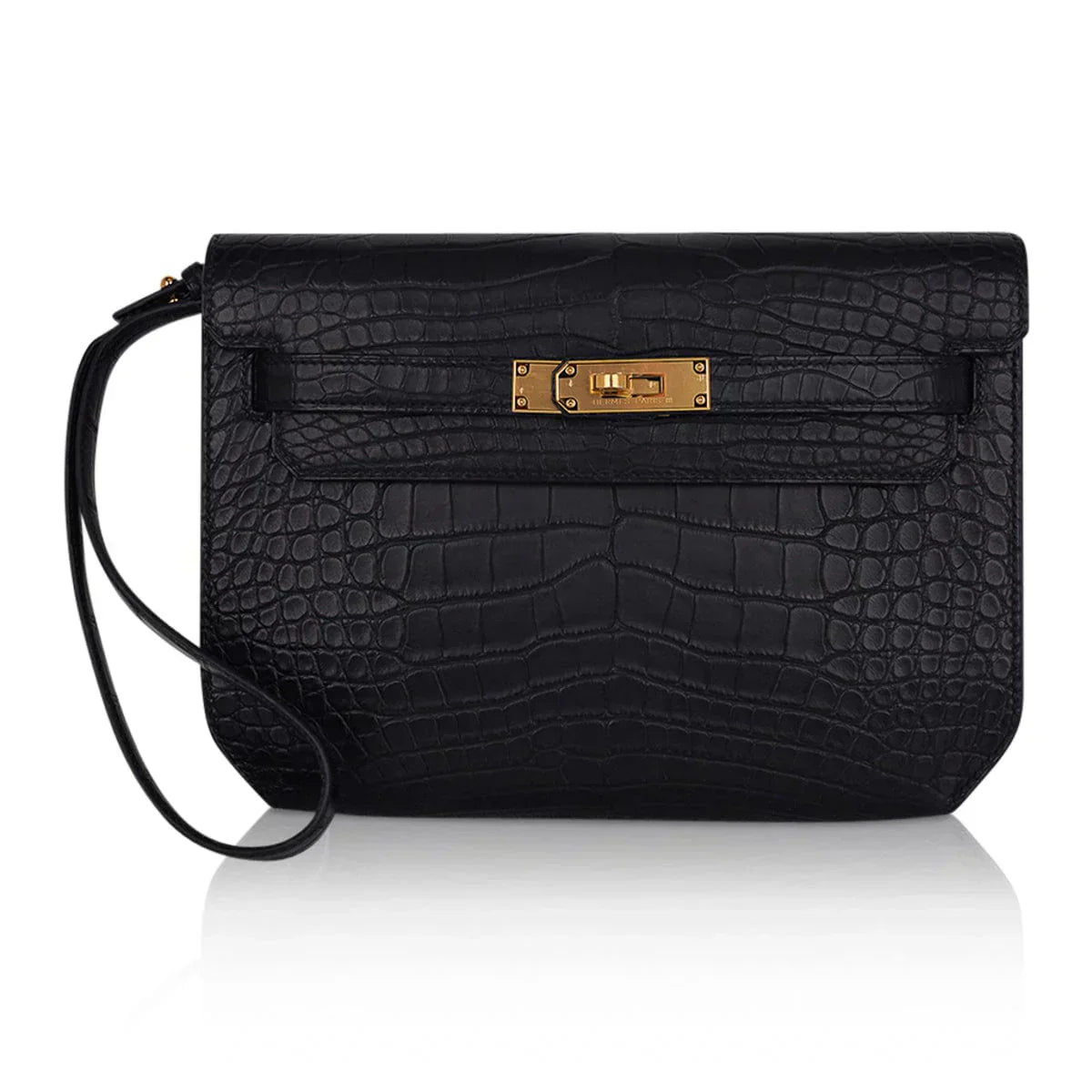 Kelly Depeches 25 Pouch Black Matte Alligator Gold Hardware New