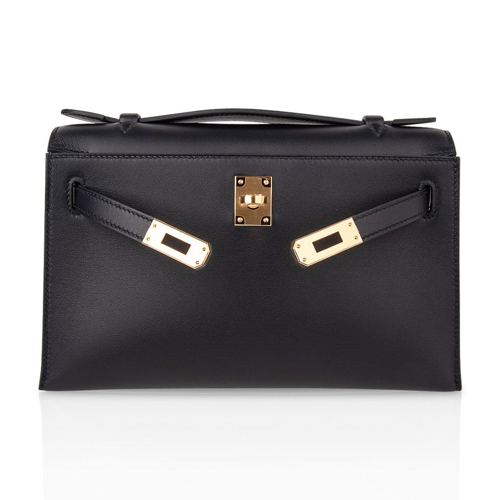 Kelly Pochette Bag Black Swift Leather with Gold Hardware