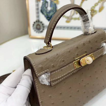 Kelly II Mini Gris Tourterelle Ostrich Gold Hardware