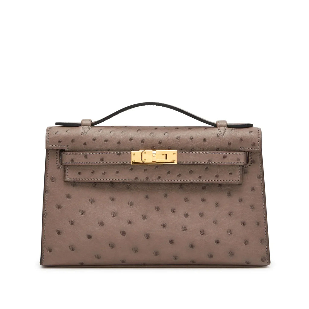 Kelly Pochette in Ostrich Leather with Gold Hardware Gris Tourterelle
