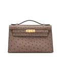 Kelly Pochette in Ostrich Leather with Gold Hardware Gris Tourterelle