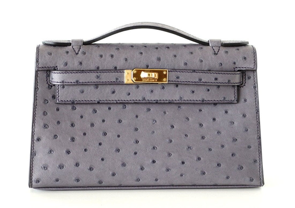 Kelly Pochette Clutch Bag Ostrich Gris Agate Gold Hardware