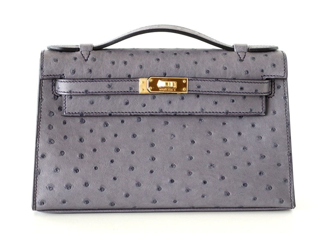 Kelly Pochette Clutch Bag Ostrich Gris Agate Gold Hardware