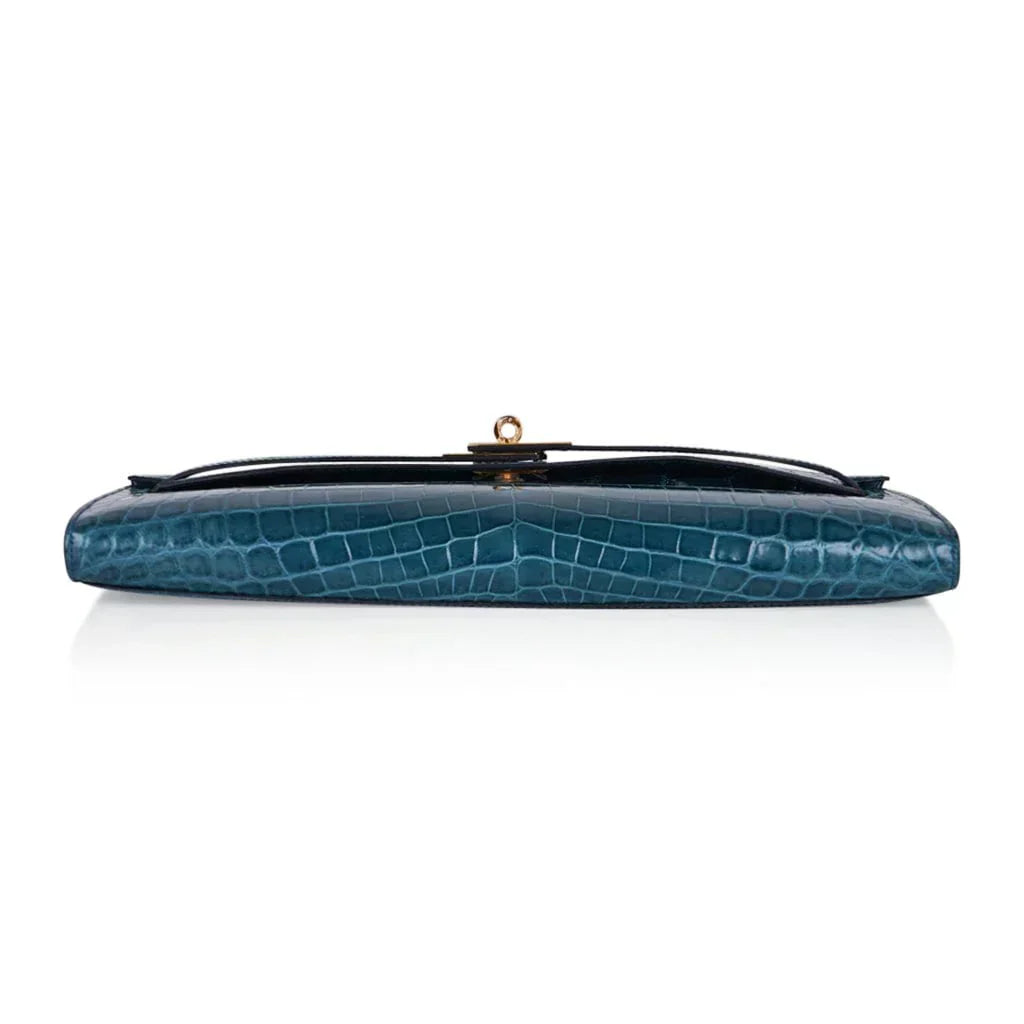 Kelly Cut Bag Blue Colvert Crocodile with Gold Hardware