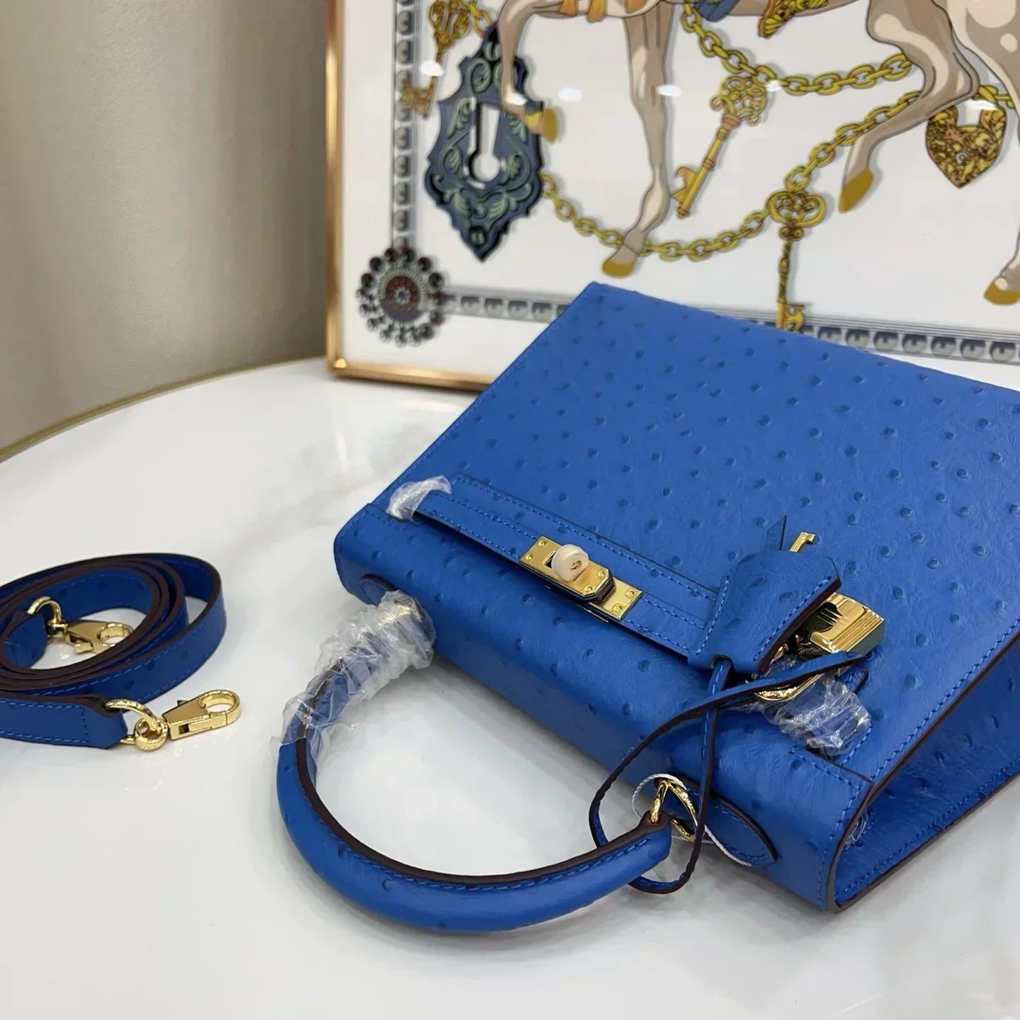 Kelly 25 Sellier Ostrich Bleuet Gold Hardware