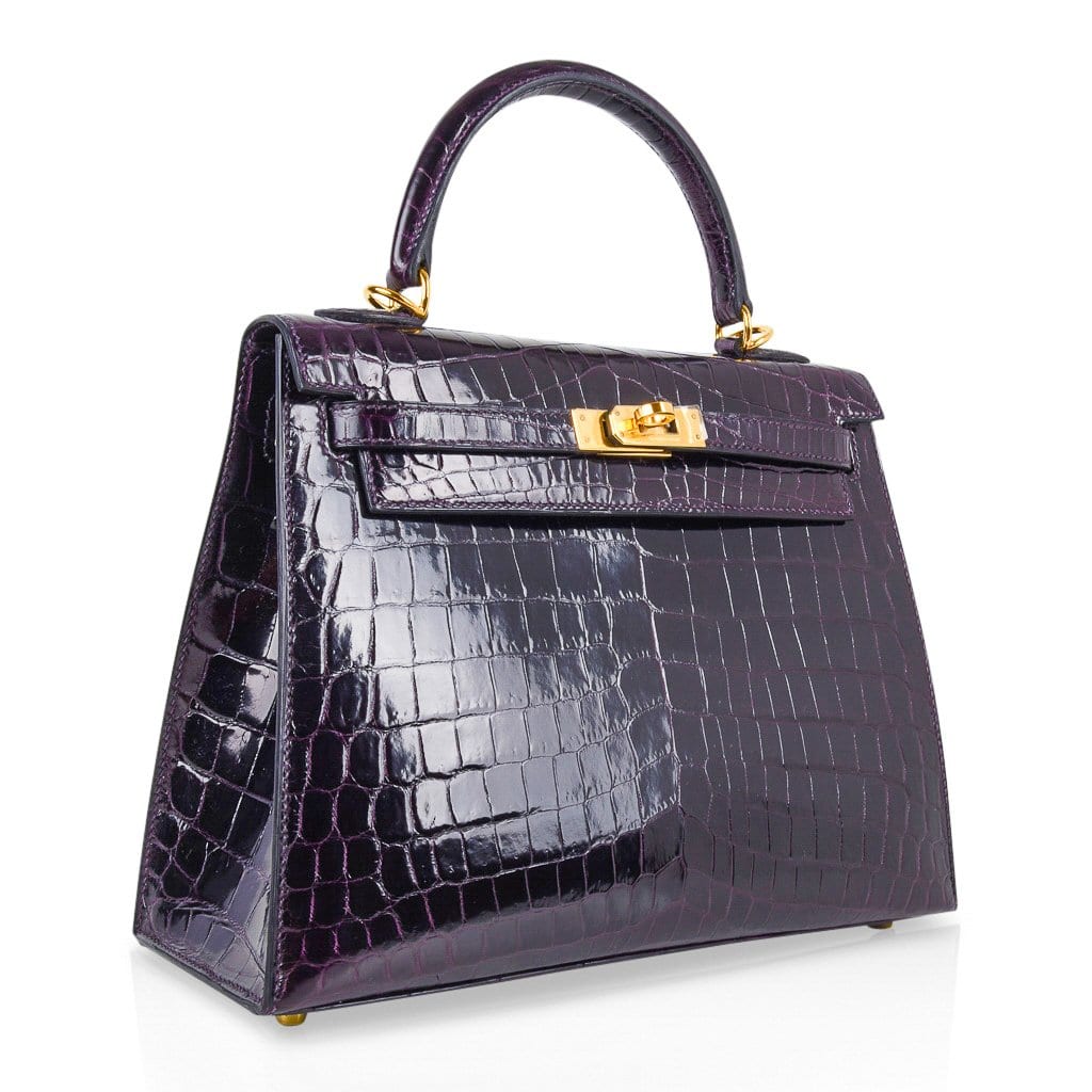 Kelly 25 Bag Sellier Crocodile Prunoir Gold Hardware