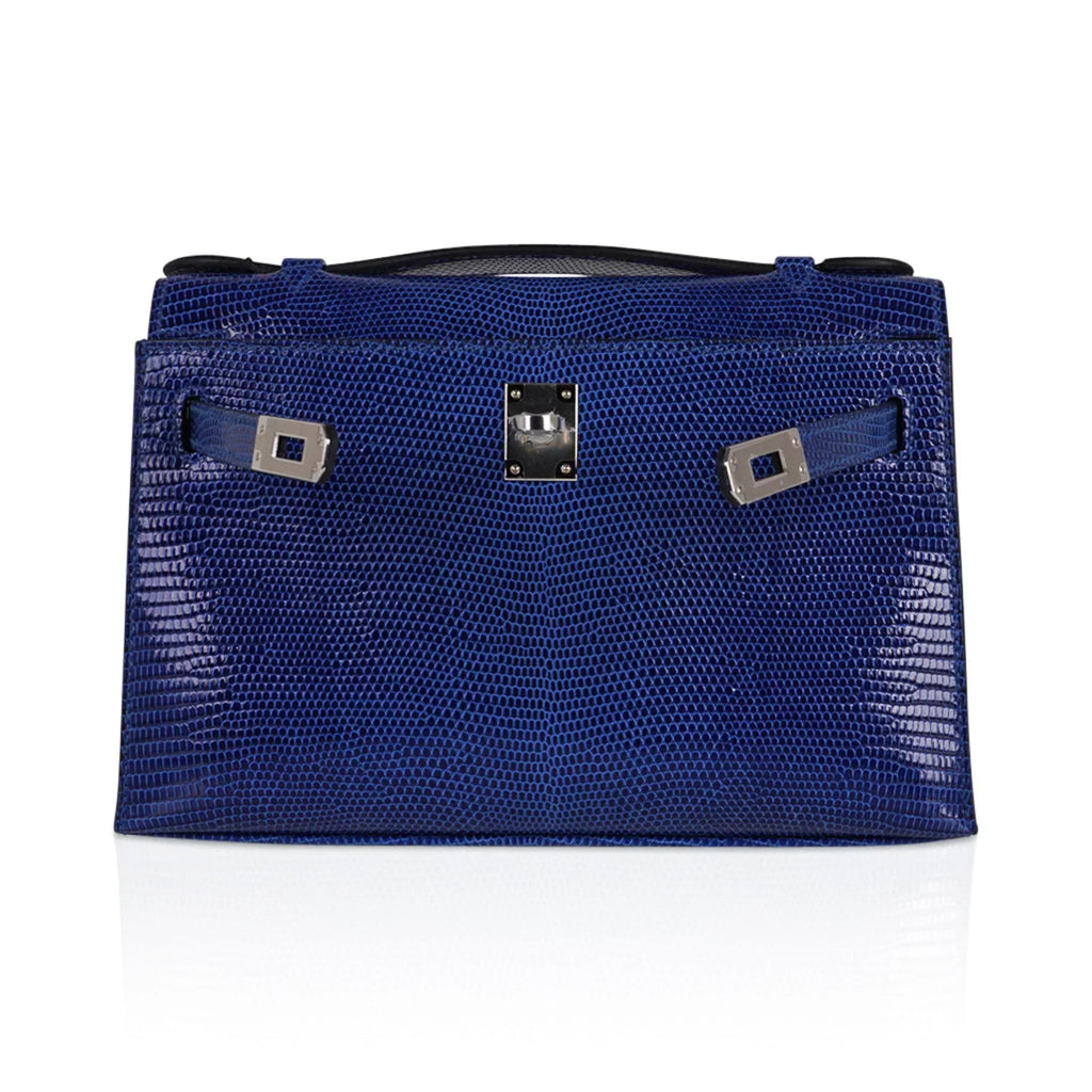 Kelly Pochette Bag Blue Sapphire Lizard Clutch Palladium Hardware