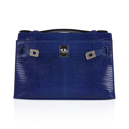 Kelly Pochette Bag Blue Sapphire Lizard Clutch Palladium Hardware