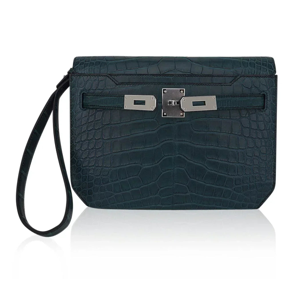 Kelly Depeches 25 Pouch Vert Rousseau Matte Alligator Palladium Hardware