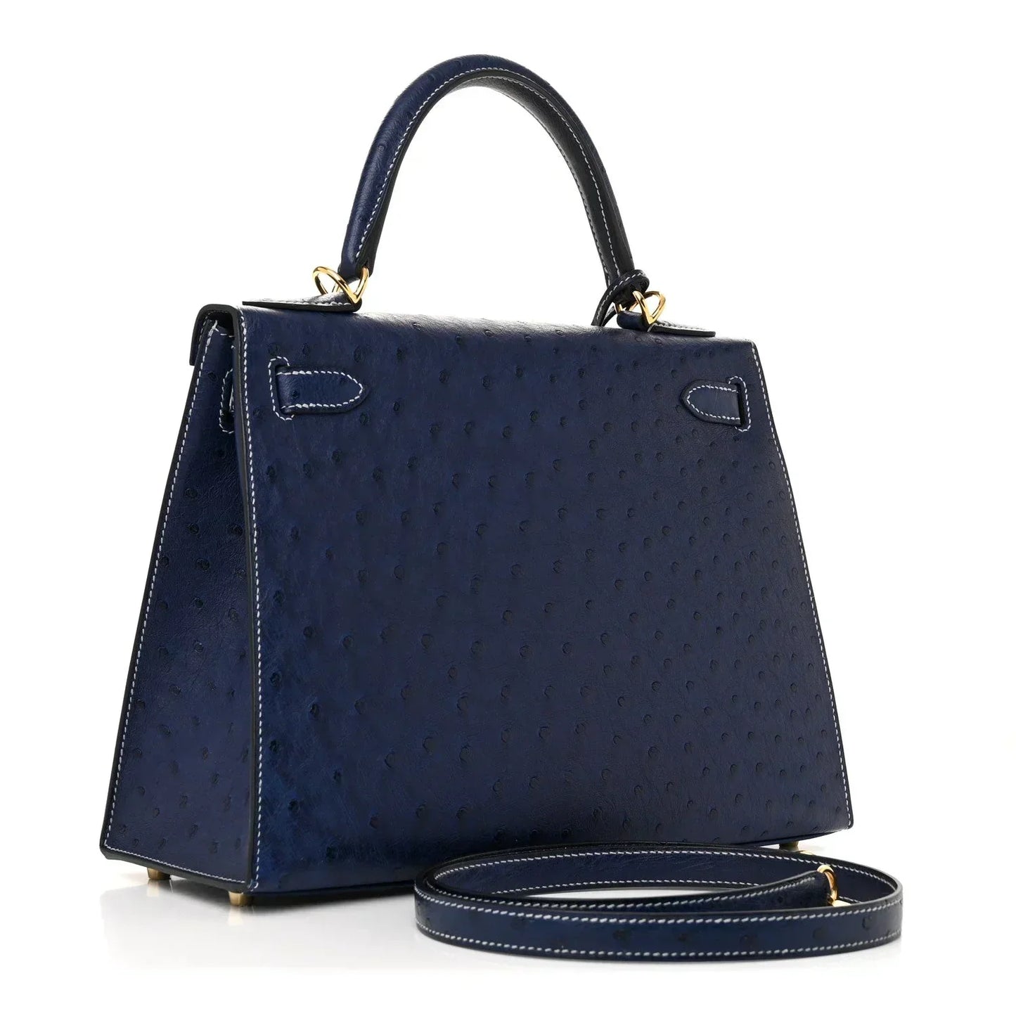 Kelly 25 Bleu Iris Sellier Ostrich Gold Hardware