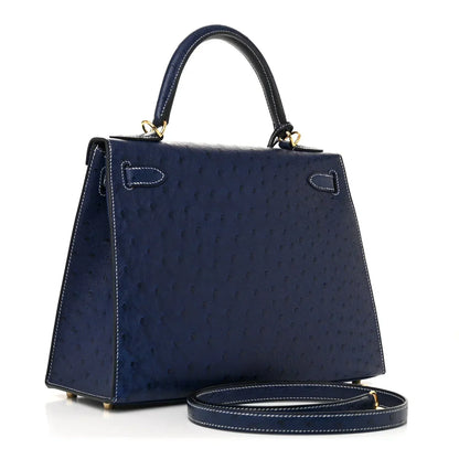 Kelly 25 Bleu Iris Sellier Ostrich Gold Hardware
