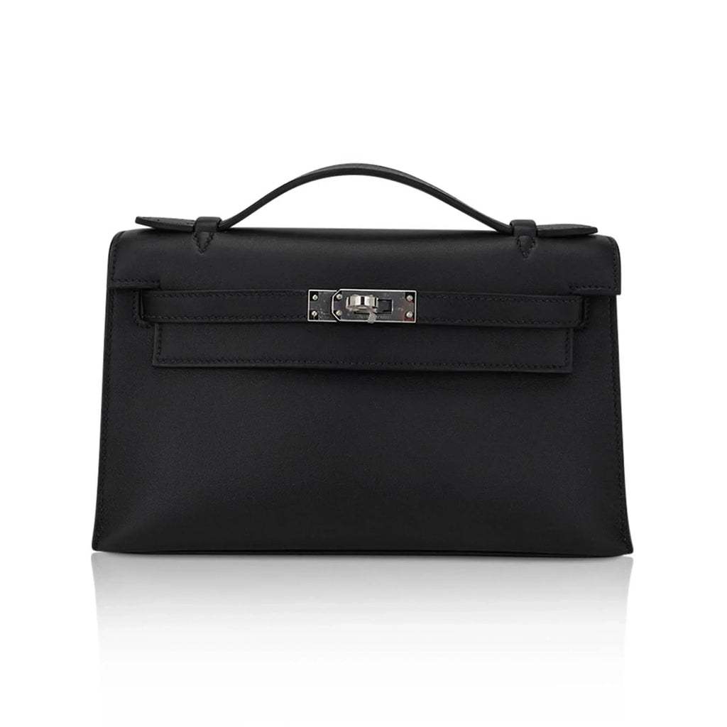 Kelly Pochette Clutch Bag Black Swift Leather with Palladium Hardware
