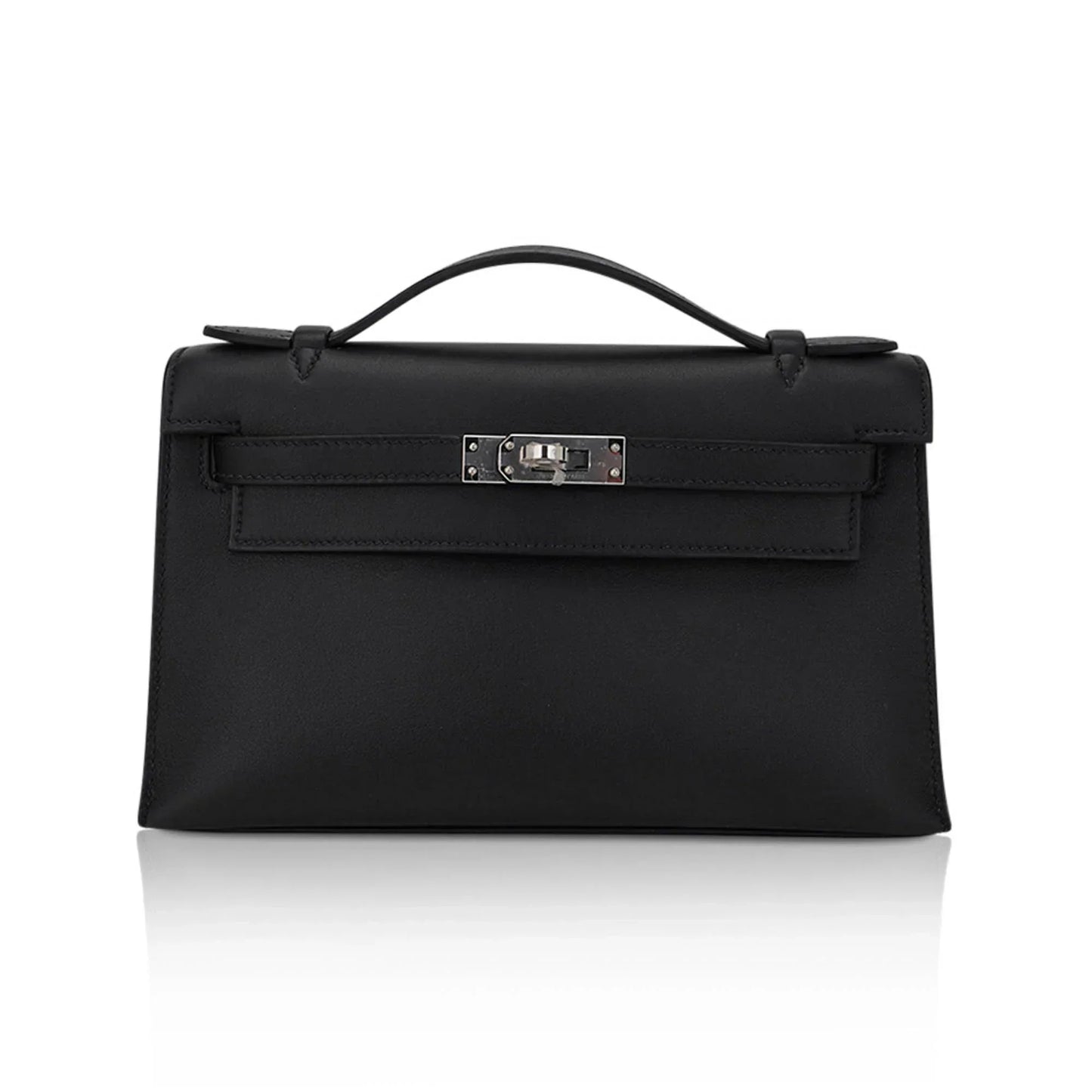Kelly Pochette Clutch Bag Black Swift Leather with Palladium Hardware