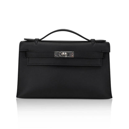 Kelly Pochette Clutch Bag Black Swift Leather with Palladium Hardware
