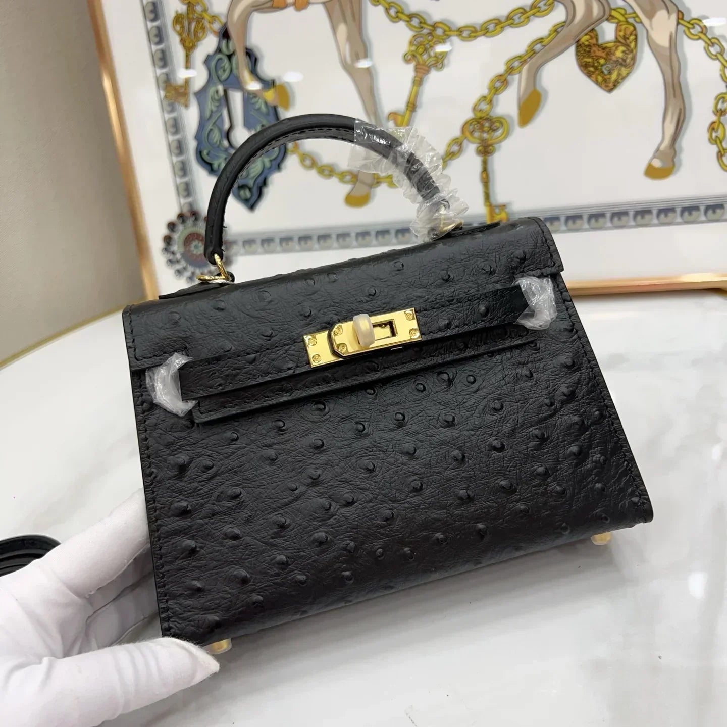 Kelly Sellier Mini 20 Black Ostrich Gold Hardware