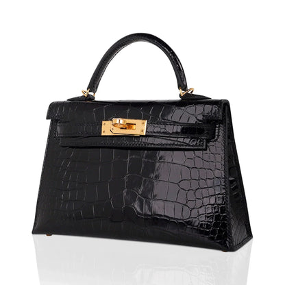 Kelly 20 Mini Sellier Bag Black Alligator Gold Hardware