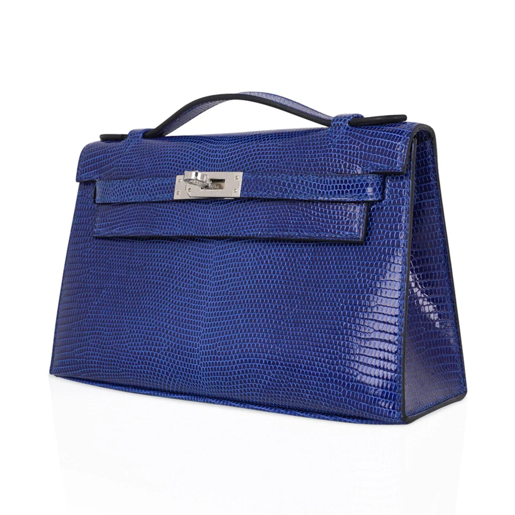 Kelly Pochette Bag Blue Sapphire Lizard Clutch Palladium Hardware