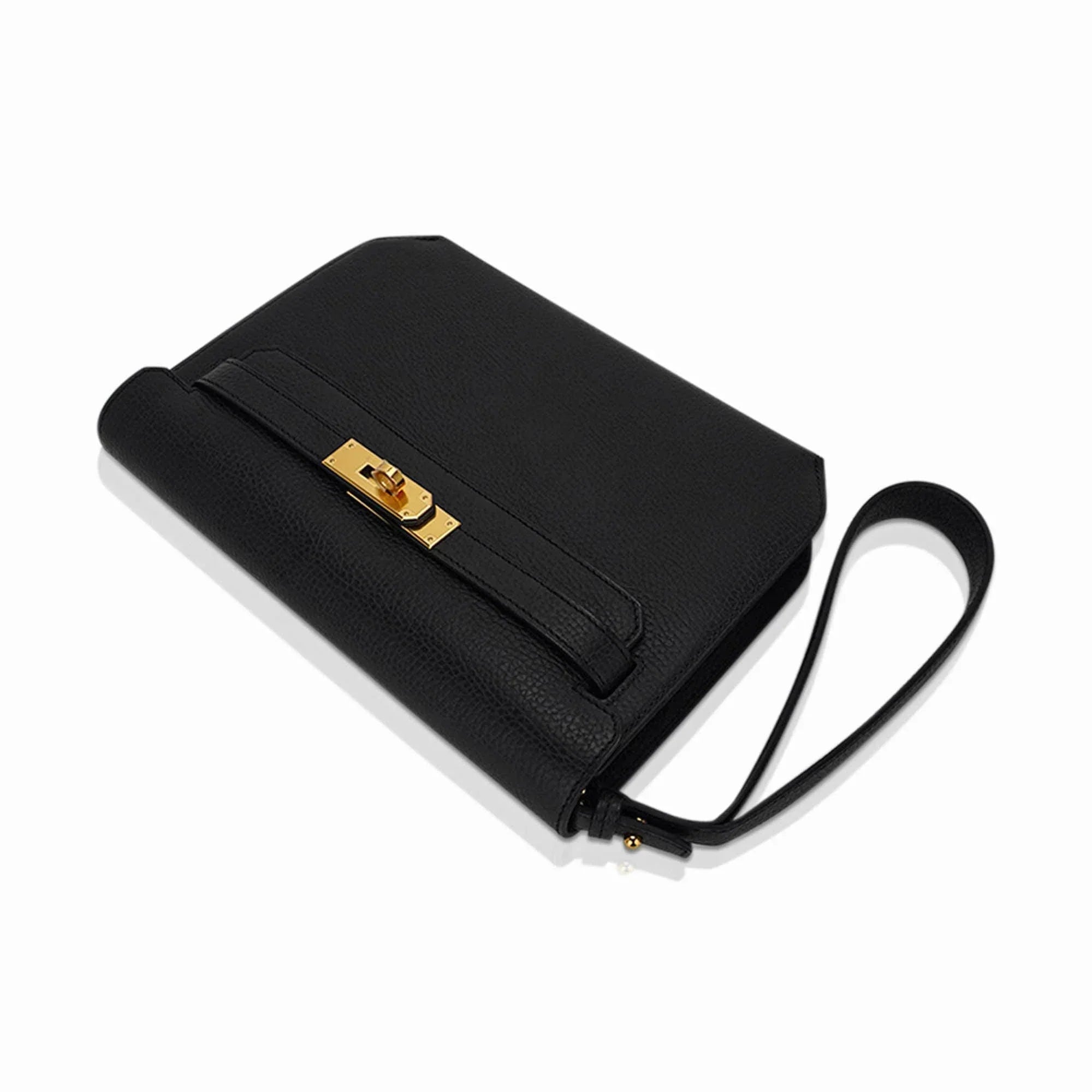 Kelly Depeches 25 Pouch Black Galop D’Leather with Gold Hardware