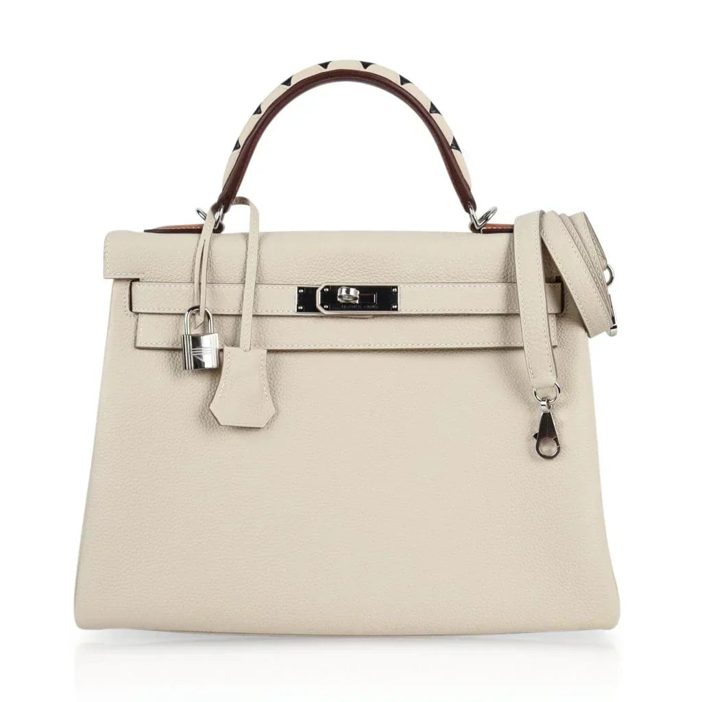 Limited Edition Kelly 32 Retourne Bag Au Galop Craie Togo Leather with Palladium Hardware