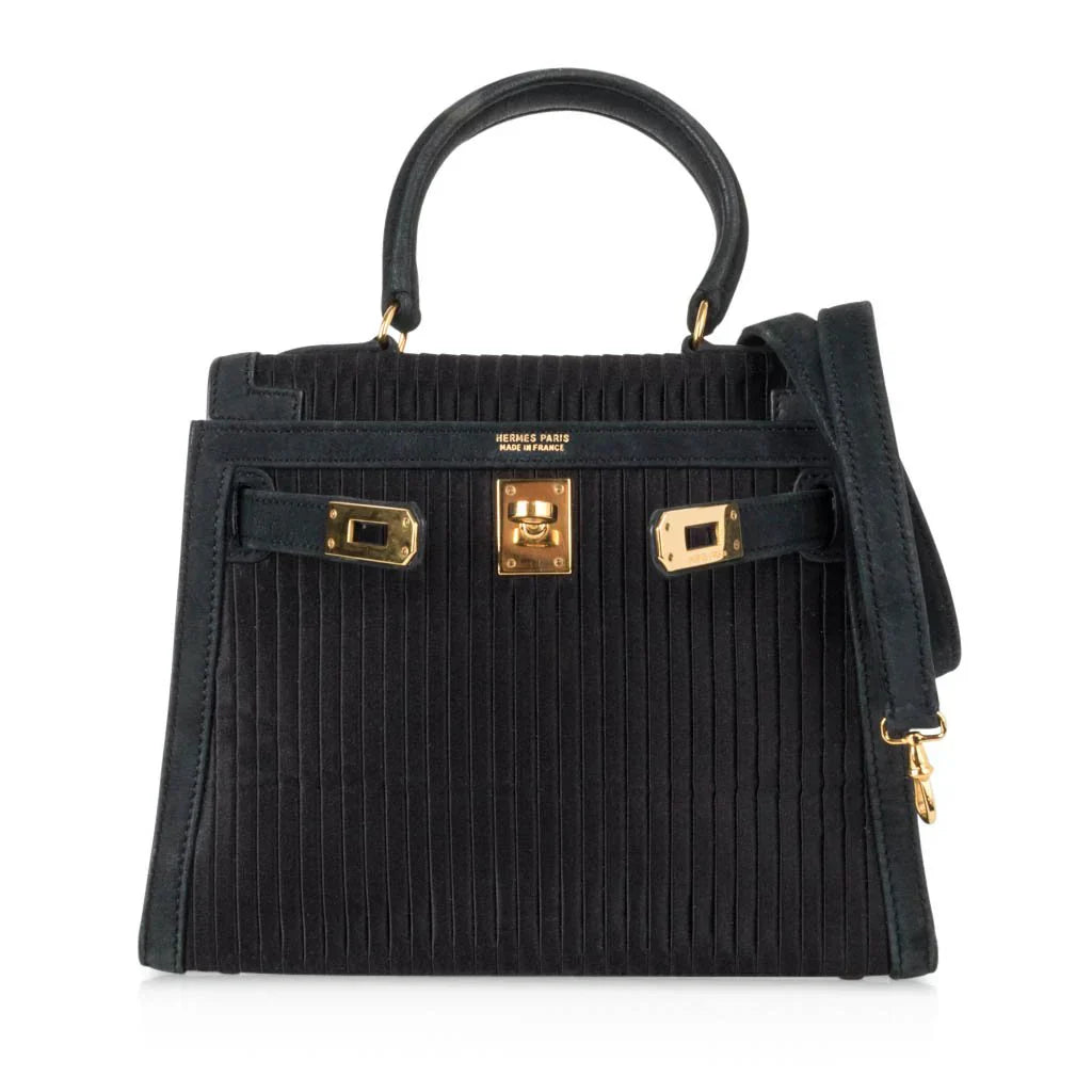 Kelly 20 Mini Vintage Bag Black Pleated Silk Suede Trim Gold Hardware