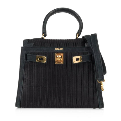 Kelly 20 Mini Vintage Bag Black Pleated Silk Suede Trim Gold Hardware