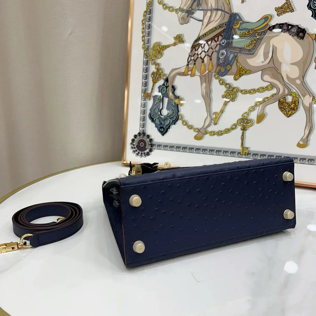 Kelly 25 Bleu Iris Sellier Ostrich Gold Hardware
