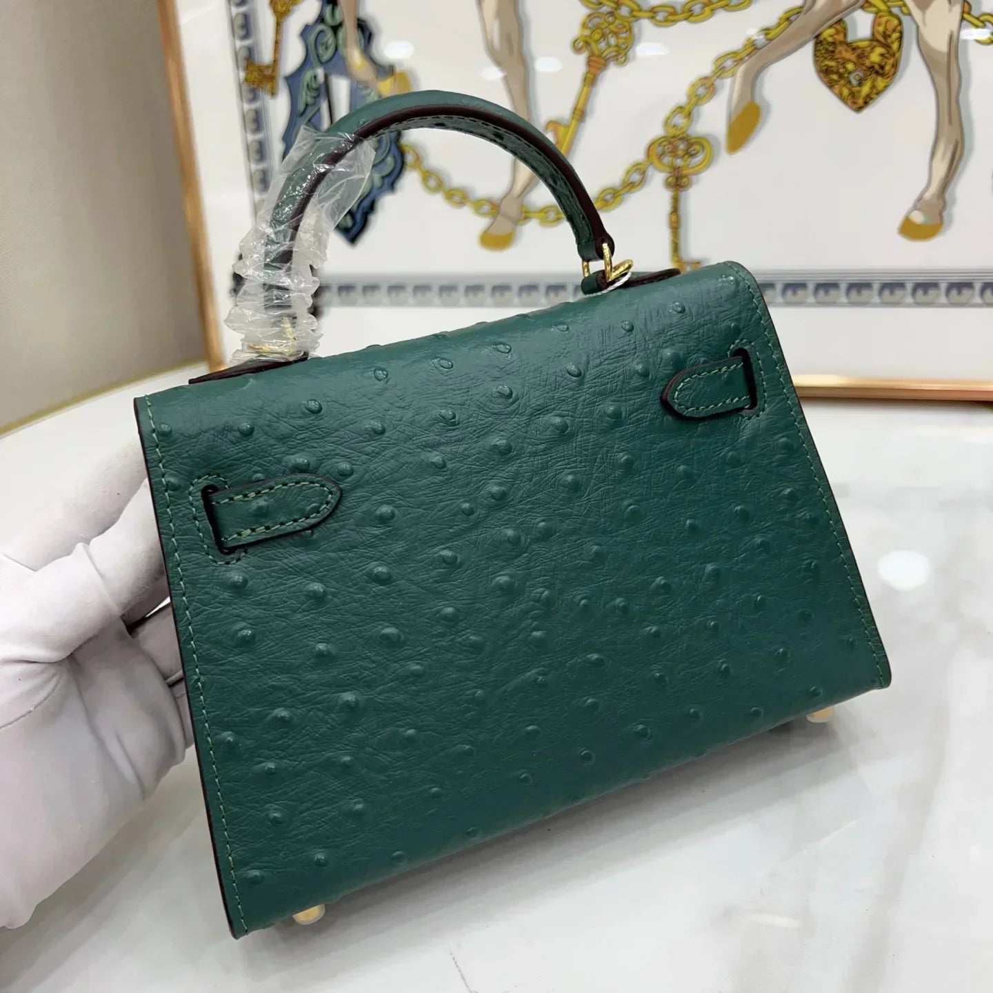 Kelly Cyprus green Cowhide Ostrich Grain Texture gold Hardware